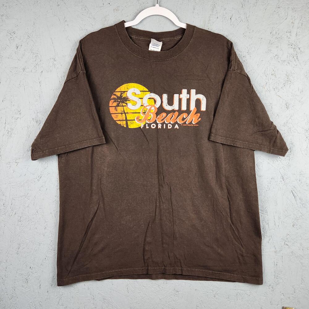Vintage South Beach Florida Shirt Mens XL Brown Graphic Tee Palm Trees Sunset
